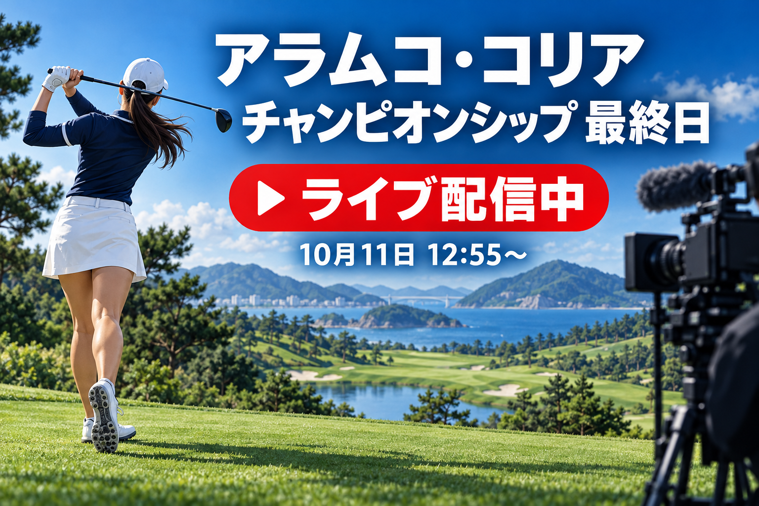 アラムコ・コリア・チャンピオンシップ最終日、10月11日12:55からライブ配信中の文字とゴルファー、中継カメラの画像