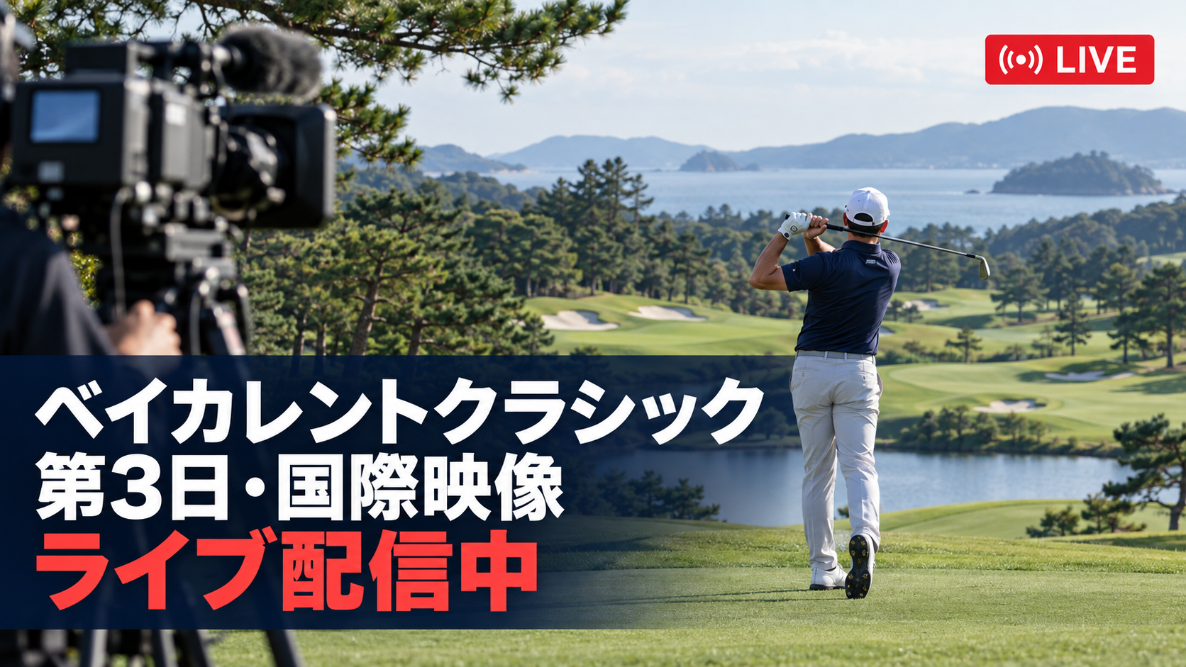 ベイカレントクラシック第3日・国際映像ライブ配信中と書いたゴルフ場と中継カメラの画像