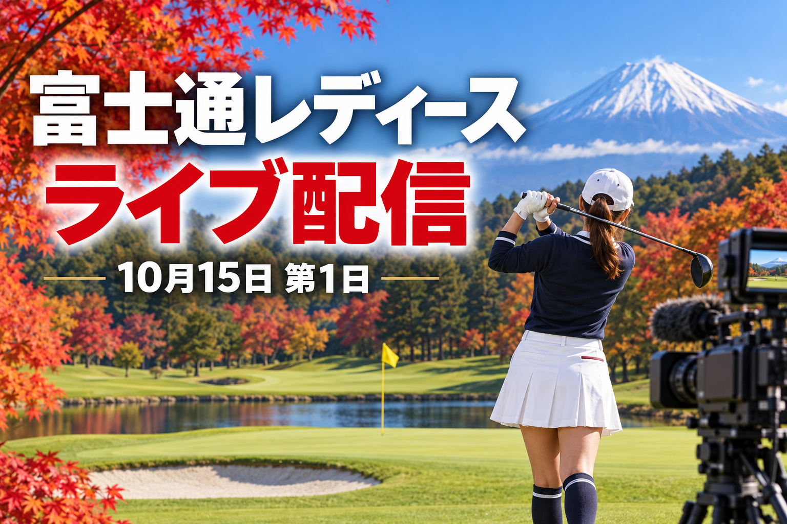 富士通レディース、ライブ配信、10月15日第1日の文字とゴルファー、中継カメラのイラスト