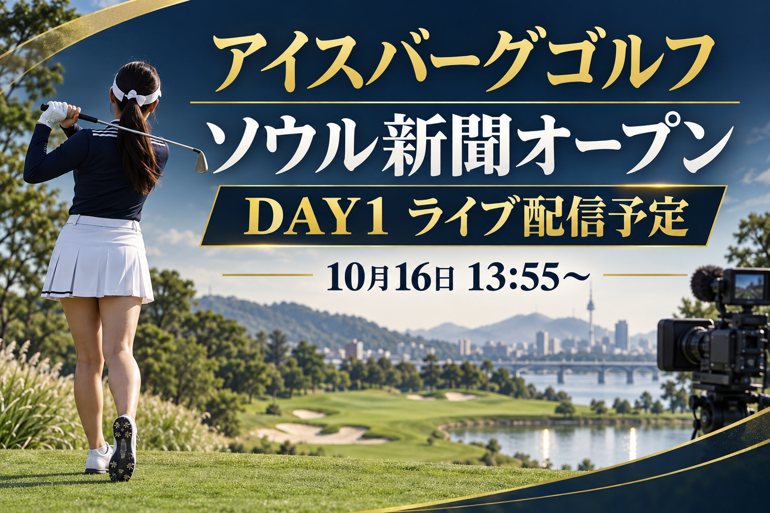 アイスバーグゴルフ・ソウル新聞オープンDAY1、10月16日13:55からライブ配信予定と書いたゴルファーと中継カメラの画像