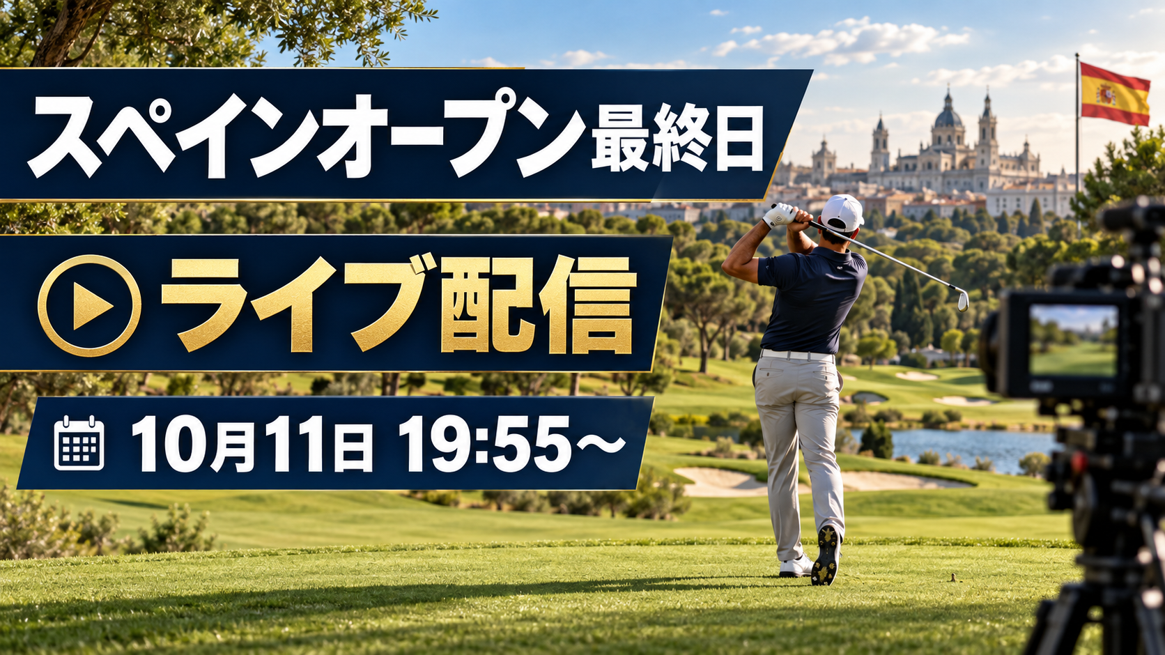 スペインオープン最終日ライブ配信、10月11日19:55からの文字とゴルファー、中継カメラの画像